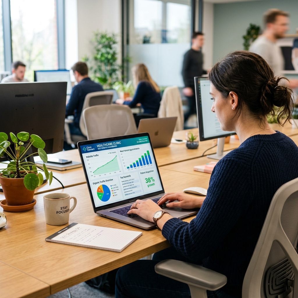 Digital marketing professional working on healthcare clinic analytics